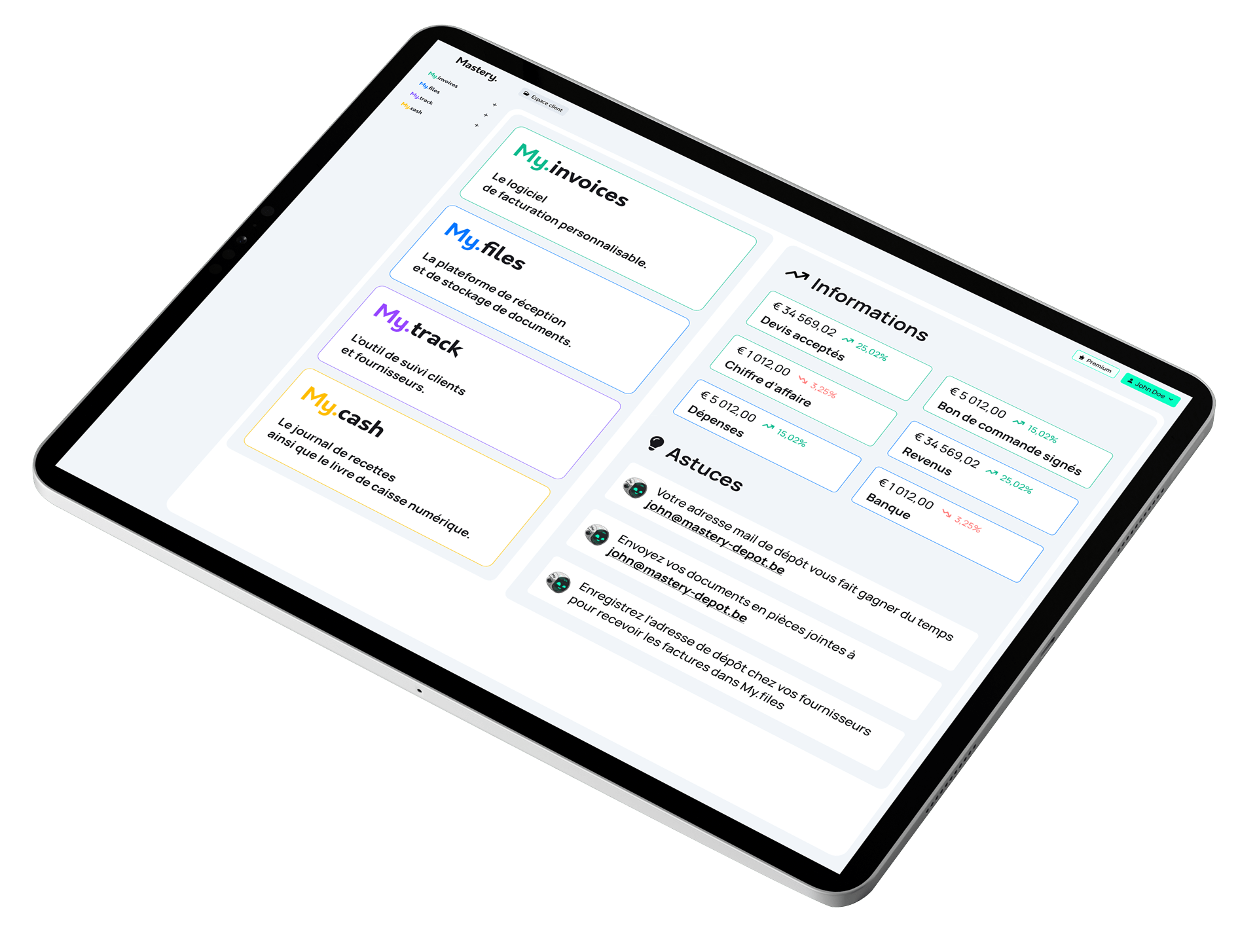 Tablette avec l'interface de Mastery pour les client de Mastery Pro