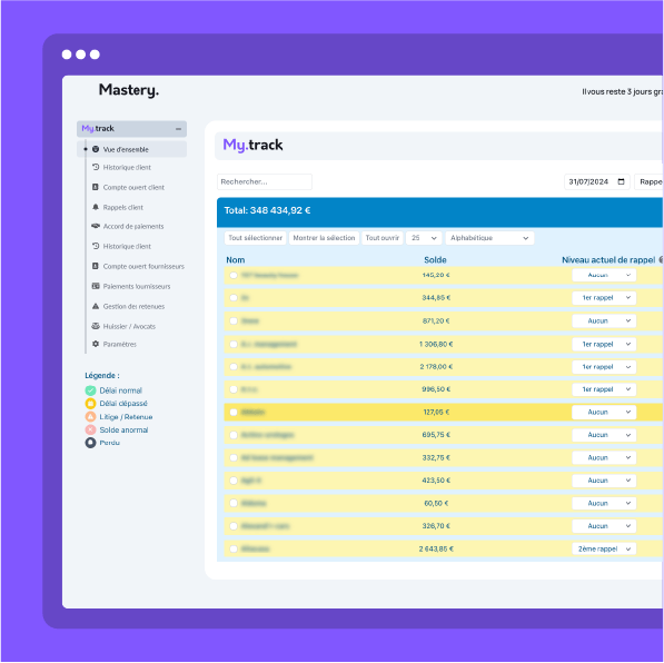 Visuel de l'onglet "Rappels" du module My.track