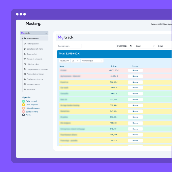 Visuel de l'onglet "Historique fournisseurs" du module My.track